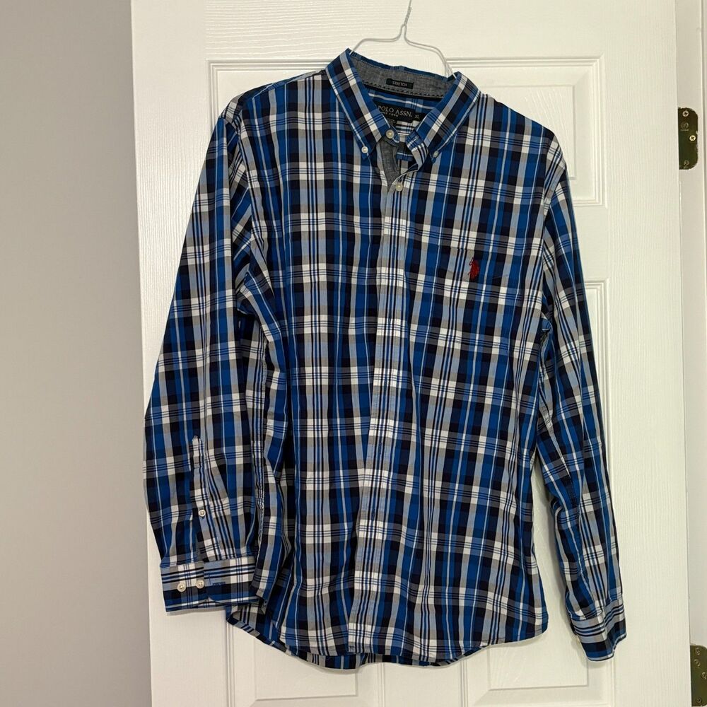 US POLO ASSN Mens Button-Up Stretch Men's Shirt XL Long Sleeve Blue Black Plaid